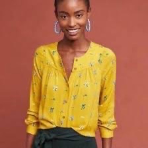 Conversations by Anthropologie Limited Edition Yellow Bow Print Blouse Size 8 - Picture 2 of 8